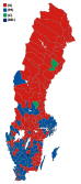 Votes by municipality. The municipalities are the color of the party that got the most votes within the coalition that won relative majority.