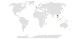 Tayland ve Birleşik Krallık'ın konumlarını gösteren harita