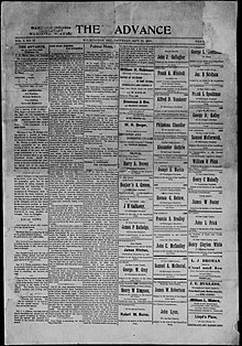 Front page of The Advance of Wilmington from September 22, 1900, with endorsements in national, state and local races. The Advance Wilmington 1900-09-22.jpg