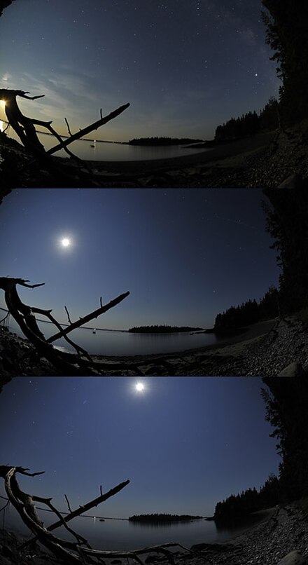 In Maine (U.S.), low tide occurs roughly at moonrise and high tide with a high Moon, corresponding to the simple gravity model of two tidal bulges; at