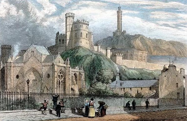 Engraved colour drawing of the church, done in 1825
