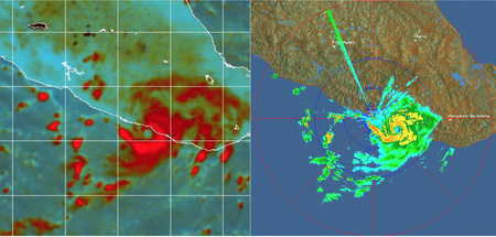 Microwave satellite and radar imagery of Tropical Storm Trudy on October 18 as it made landfall in Mexico, depicting its well-developed inner core and eye. Tropical Storm Trudy 2014 eye.png