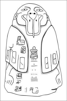 Vista frontal da estatueta de Tuxtla.  A data de março de 162, expressa em contagem longa (8.6.2.4.17), aparece na parte inferior da parte frontal.