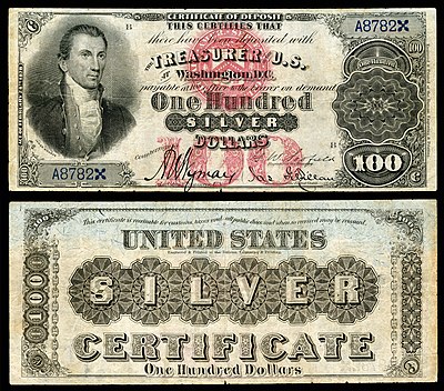 Series 1878 $100 silver certificate The first $100 silver certificate was issued with a portrait of James Monroe on the left side of the obverse. US-$100-SC-1878-Fr.337b.jpg