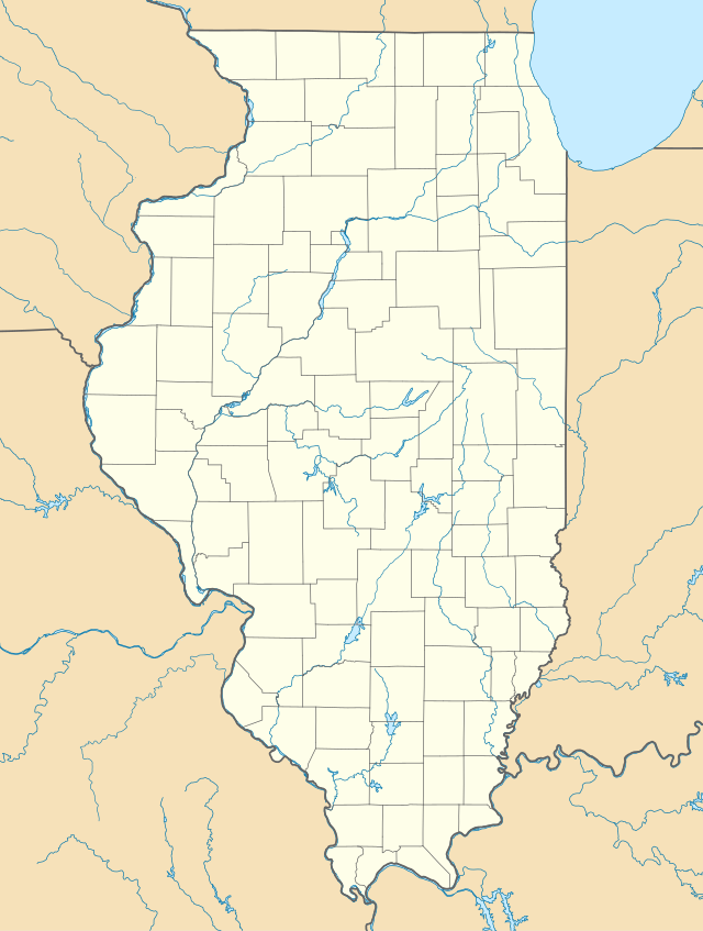 Mapa konturowa Illinois, blisko górnej krawiędzi po prawej znajduje się punkt z opisem „Waukegan”