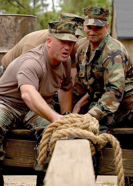 File:US Navy 070426-N-0553R-005 Senior Chief Equipment Operator Mark Thomas and Chief Construction Mechanic Ronaldo Rodriguez, assigned to Naval Mobile Construction Battalion (NMCB) 1, use teamwork to maneuver a wooden plank.jpg