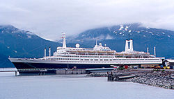 Rotterdam in Valdez, Alaska, in 1997, her last year with Holland America Line. Valdez - SS Rotterdam (3847789627).jpg