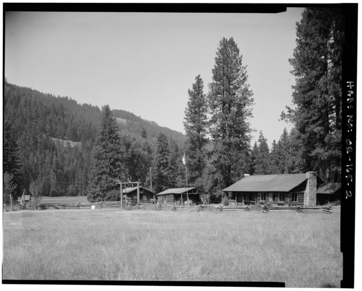 File:View of the kitchen-dining hall and cabins from east end of main corral at the horse ranch, facing northwest - The Horse Ranch, Eagle Cap Wilderness Area, Joseph, Wallowa County, HABS ORE,32-JOS.V,1-2.tif