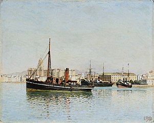 Vista del puerto de Málaga. Emilio Ocón y Rivas.