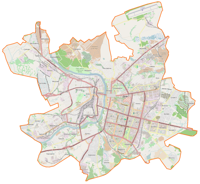 Mapa konturowa Witebska, w centrum znajduje się punkt z opisem „Cerkiew Zmartwychwstania Pańskiego”