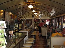 Interior of a 1938 Sterling manufactured diner, with curved ceiling, in Wellsboro, Pennsylvania Wellsboro Diner interior.jpg
