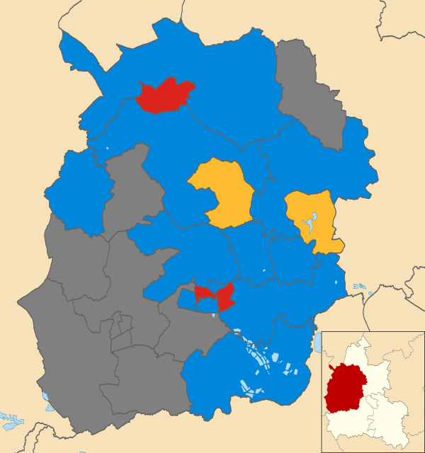 Map of the results of the 2012 West Oxfordshire District Council election. Conservatives in blue, Labour in red and Liberal Democrats in yellow. Wards in dark grey were not contested in 2012. West Oxfordshire UK local election 2012 map.svg