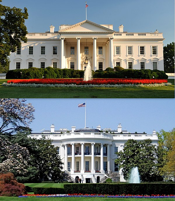 Top: the Executive Residence's northern facade with a columned portico facing the North Lawn and Lafayette Square Bottom: the Executive Residence's so