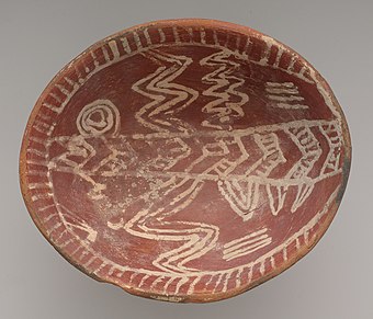 White cross-lined bowl with four legs; 3700–3500 BC; painted pottery; height: 15.6 cm, diameter: 19.7 cm; Metropolitan Museum of Art