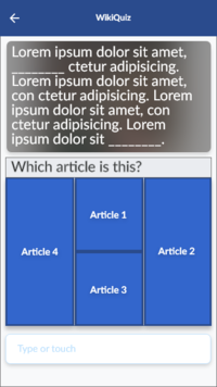 The initial screen of the quiz app, displaying an obscured preview image, the first two lines of text, a textbox, and four buttons listing possible image titles