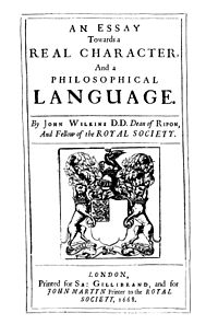 Cover of John Wilkins' An Essay Towards a Real Character, and a Philosophical Language Wilkins An Essay towards a real.jpg