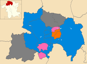 Map of the results of the 2010 Wyre Forest District Council election. Conservatives in blue, Health Concern in pink and Liberals in orange. Wards in grey were not contested in 2010. Wyre Forest UK local election 2010 map.svg