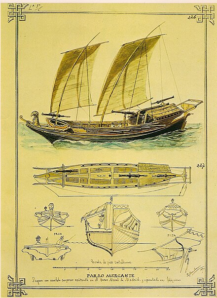 Illustration of an armed merchant biroko with tanja sails by Rafael Monleón (1890)