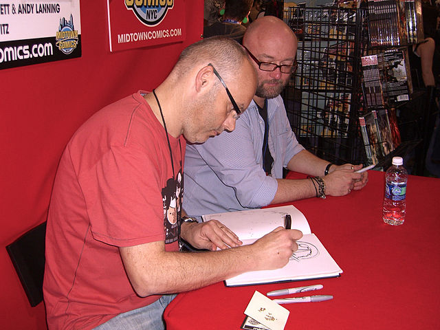 Abnett and frequent collaborator Andy Lanning at the Midtown Comics booth at the New York Comic Con, 10 October 2010.