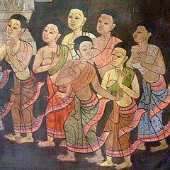 Painting of Siamese womans wearing pha nung and pha biang in Wat Pho, Bangkok