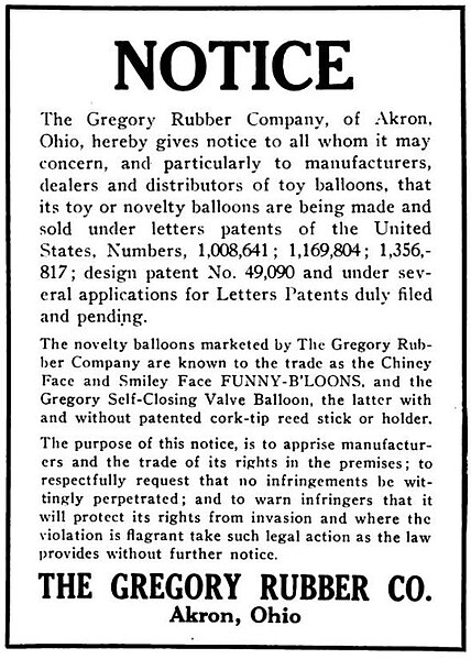 File:1922 Patent NOTICE The Gregory Rubber Co printed in Toys and Novelties Volume 19 Issue No 4 Apr 1922 page 91.jpg