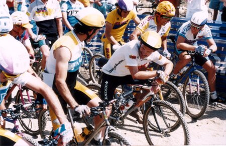 Ned Overend, John Tomac and Tinker Juarez Compete in the Cindy Whitehead Desert Classic, Palm Springs, California, 1989 - Photo by Patty Mooney