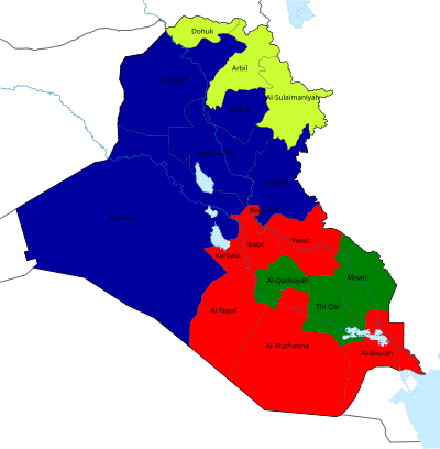 Map showing the list which won the most votes for every governorate. 2010 Iraqi election map.svg
