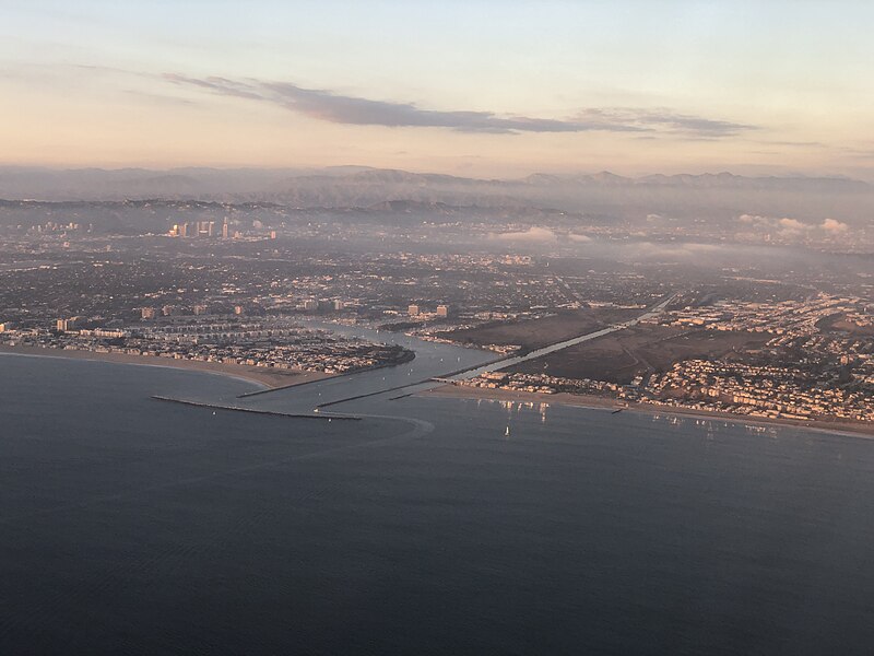 File:2021-10-05 18 16 52 View of Marina del Rey, Ballona Creek and Playa del Rey in Los Angeles, Los Angeles County, California from an airplane which had just taken off from Los Angeles International Airport.jpg