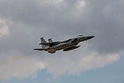 An F-15C Eagle, tail number 86-0160, taking off from RAF Lakenheath in England. The aircraft was assigned to the 493rd Fighter Squadron.