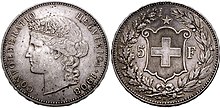 Five francs coin in the design used during 1888-1916 5 CHF 1908 140273.jpg