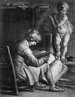 В. Вайлант. Молодой человек читает перед статуей Купидона. Около 1650 года. Меццо-тинто