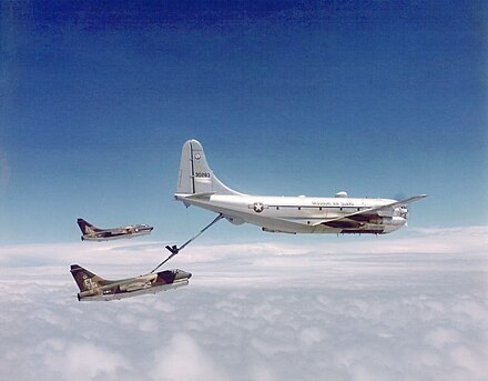Two USAF A-7 Corsair IIs refueling from a KC-97.