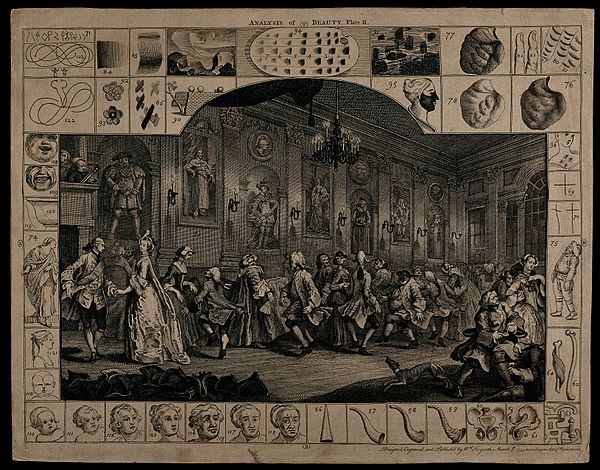 Comical 18th-century country dance; engraving by Hogarth