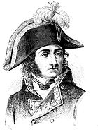 Black and white print shows a man with long sideburns. He wears a bicorne hat and a dark 1790s era military uniform.