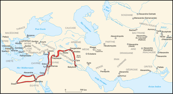 Mapa da Rota de Alexandre nos anos 332 e 331