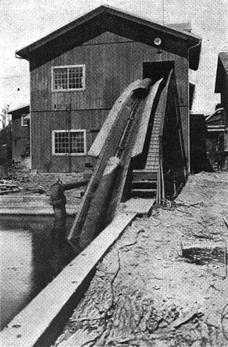 Log being hoisted from a log pond into the sawmill. American sawmill, circa 1920.jpg