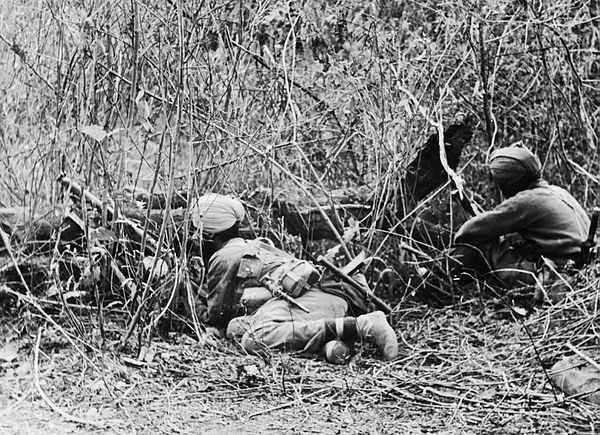 Sikh troops of the 7th Indian Infantry Division man an observation post in the Ngakyedauk Pass area of the Arakan, Burma, February 1944