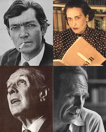 Four of the most influential Argentine writers. Top-left to bottom-right: Julio Cortázar, Victoria Ocampo, Jorge Luis Borges and Adolfo Bioy Casares
