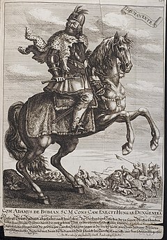 Batthyány I. Ádám hadvezér lovasportréja, vállán kacagánnyal, 17. századi metszet
