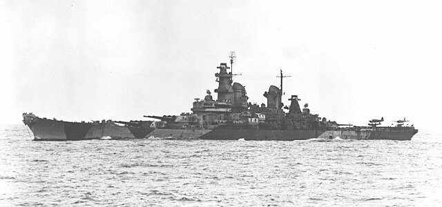 USS Iowa in World War II configuration and wearing Measure 32 Design 1B camouflage pattern, c. 1944.