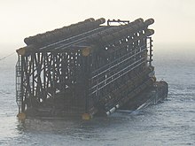 A 250 m (820 ft)-long section of the Benguela-Belize Lobito-Tomboco Platform, which accounts for only about half the overall height of the structure BBlaunch.jpg