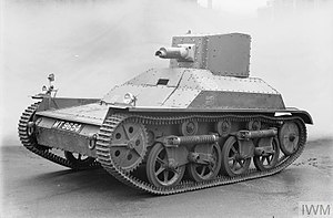 The Light Tank Mk Ia (A4E8 prototype) became the first tank in the world to use the Horstmann design. In this case the spring is outside the track area, leaving room for track return rollers to lie directly over the suspension in a particularly compact layout. BRITISH ARMOURED FIGHTING VEHICLES 1918-1939 KID322.jpg