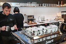 Heart barista preparing a cappuccino Barista (Heart Roasters).jpg