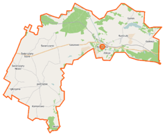 Mapa konturowa gminy Bartniczka, po lewej nieco na dole znajduje się punkt z opisem „Jastrzębie”