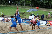 Deutsch: Beachhandball Europameisterschaften 2019 (Beach handball Euro); Tag 1: 2. Juli 2019 – Männer, Vorrunde Gruppe C, Schweiz-Ukraine 2:1 (22:23, 17:14, 9:6) English: Beach handball Euro; Day 1: 2 July 2019 – Men Preliminary Round Group C – Switzerland-Ukraine 2:1 (22:23, 17:14, 9:6)