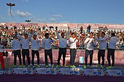 Deutsch: Beachhandball bei den Olympischen Jugendspielen 2018 in Buenos Aires; Tag 7, 13. Oktober 2018; Medaillenzeremonie Jungs - Gold: Spanien, Silber: Portugal, Bronze: Argentinien English: Beach handball at the 2018 Summer Youth Olympics in Buenos Aires at 13 October 2018 – Medal Ceremony Boys - Gold: Spain, Silver: Portugal, Bronze: Argentina Español: Handball de playa en los Juegos Olimpicos de la Juventud Buenos Aires 2018 en 13 de octubre de 2018 – Medalla Ceremonia para niños - Oro: España, Plata: Portugal, Bronce: Argentina