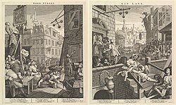 『ビール通りとジン横丁（英語版）』（1751年） 繁栄を謳歌するビール通りと退廃的で貧苦に喘ぐジン横丁が対照的に描かれている