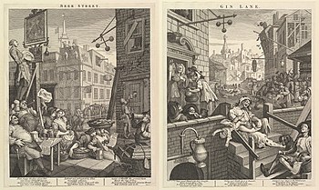 William Hogarth: Beer Street (vlevo) a Gin Lane (vpravo)