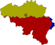 フラマン語共同体（黄）とフランス語共同体（赤）、ドイツ語共同体（青）