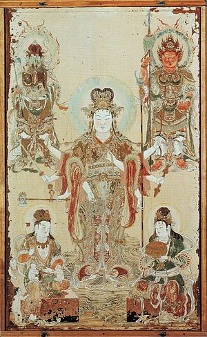 Benzaiten Surrounded by the Goddesses Kariteimo and Kenrochijin and Two Divine Generals, from Kichijoten shrine, c. 1212.jpg